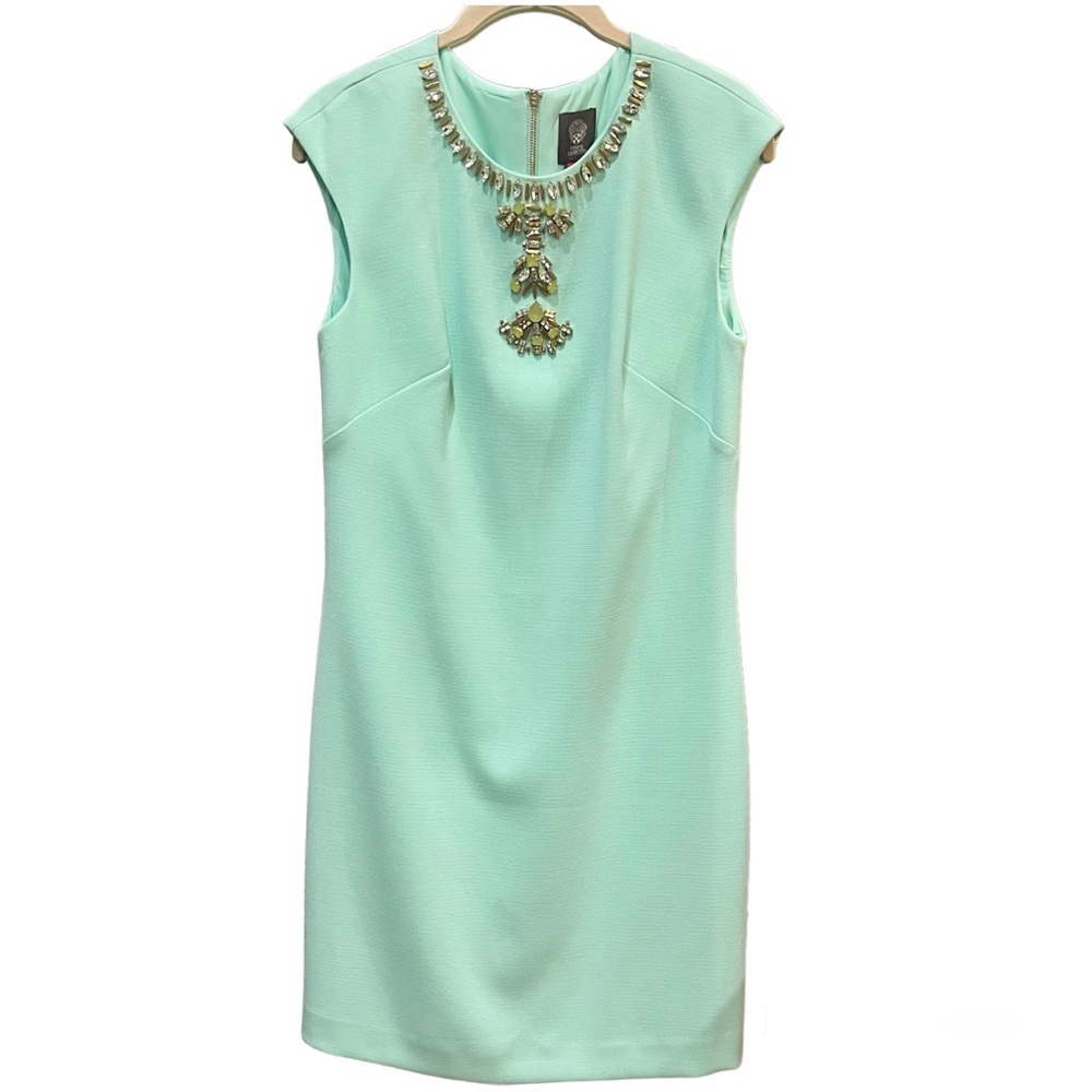 Vince Camuto | Aqua Mint Jeweled Neckline Shift Dress | size 6
